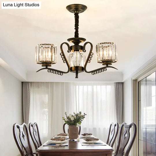 Sleek Black Cylindrical Chandelier With Tri-Sided Crystal Rods - Minimalist Hanging Light Fixture