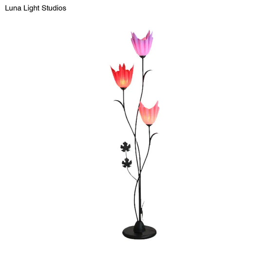 Sleek Black Floral Stand Up Lamp: Elegant 3-Bulb Metal Floor Light For Bedrooms