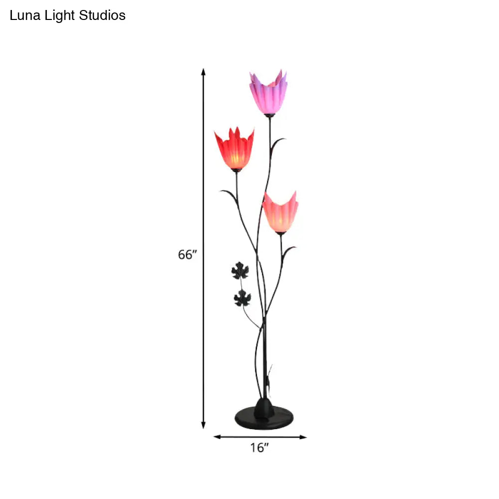 Sleek Black Floral Stand Up Lamp: Elegant 3-Bulb Metal Floor Light For Bedrooms