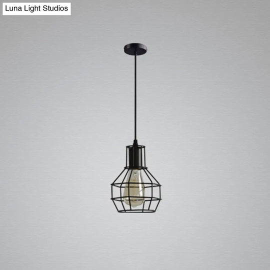 Sleek Black Iron Cage Hanging Light - Minimalistic Dining Room Pendant Fixture (1-Bulb)