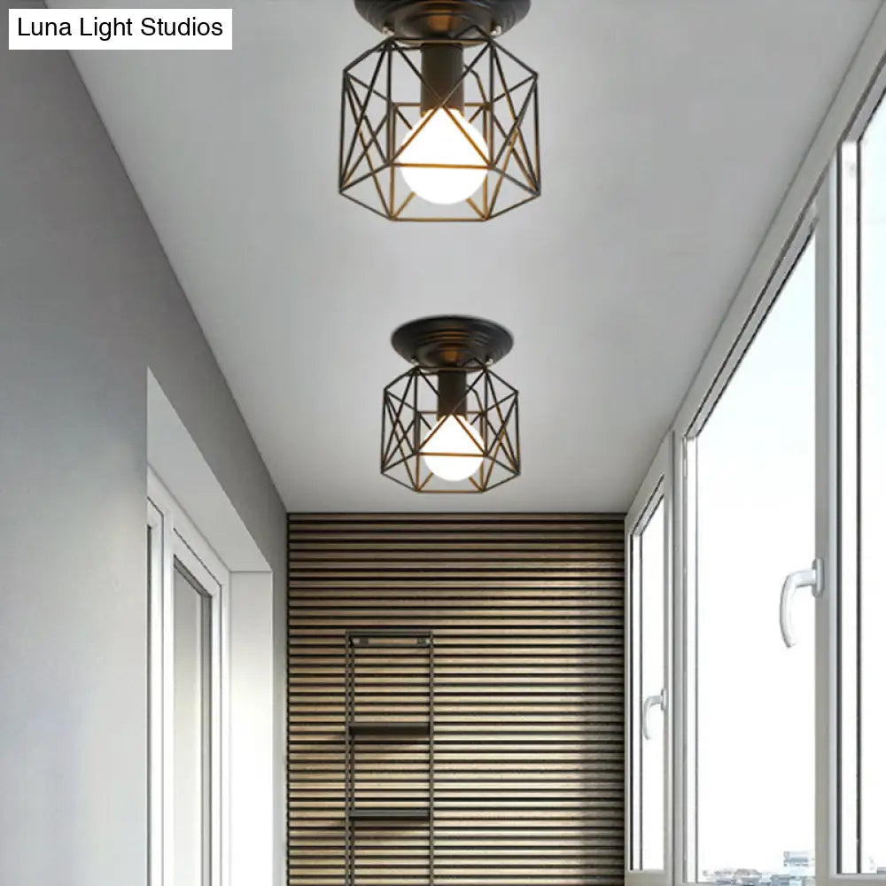 Sleek Black Iron 1 - Light Semi Flush Ceiling Light - Industrial Style / Hexagon
