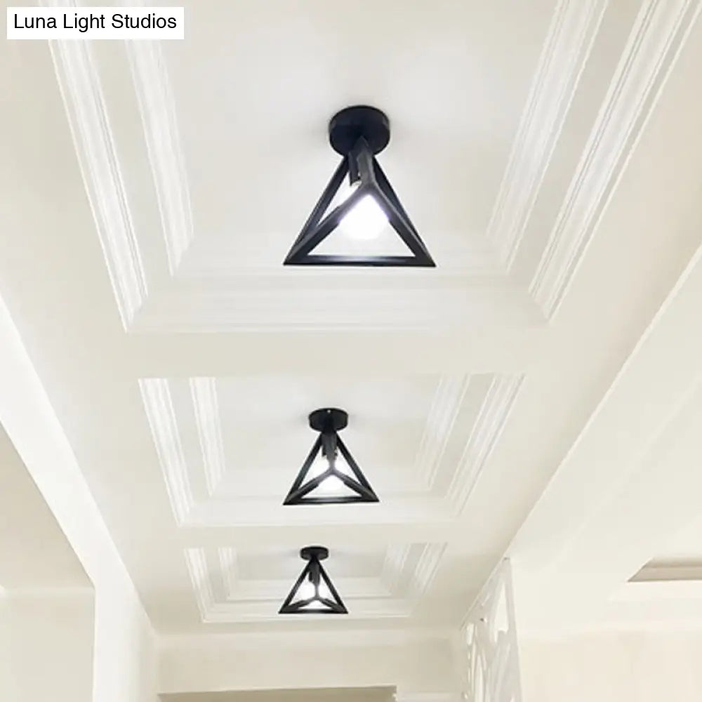 Sleek Black Iron 1 - Light Semi Flush Ceiling Light - Industrial Style / Triangle