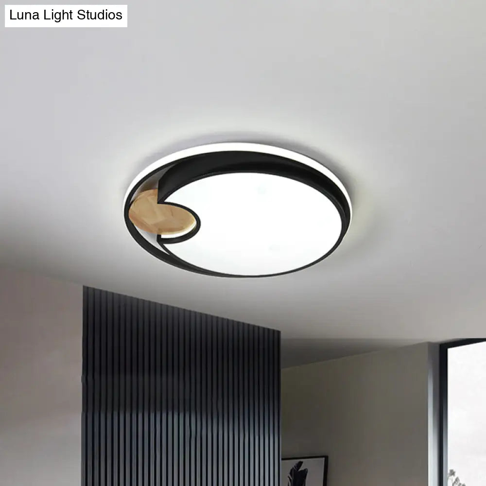 Sleek Black Led Ceiling Light With Wood Accent - Thin Round Acrylic Flush Mount
