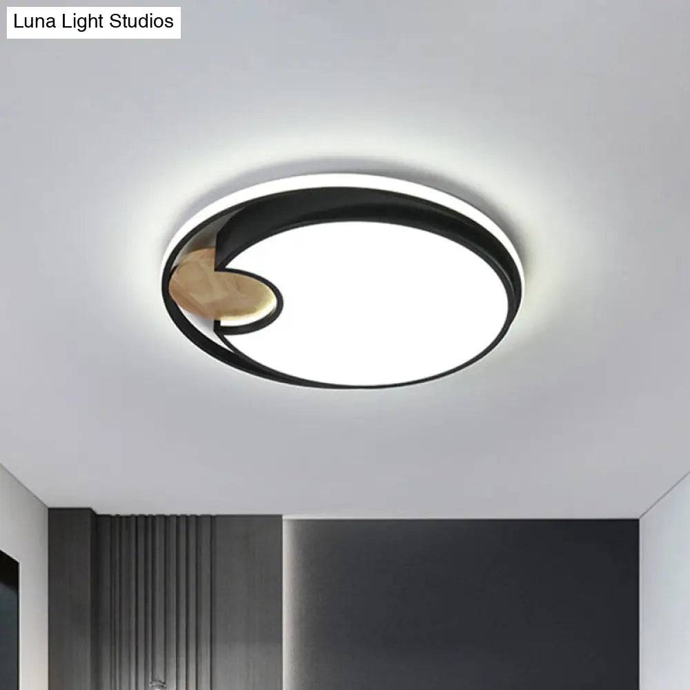 Sleek Black Led Ceiling Light With Wood Accent - Thin Round Acrylic Flush Mount