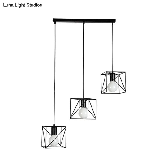 Industrial Metal Ceiling Fixture - Square Frame With 3 Black Bedside Lights