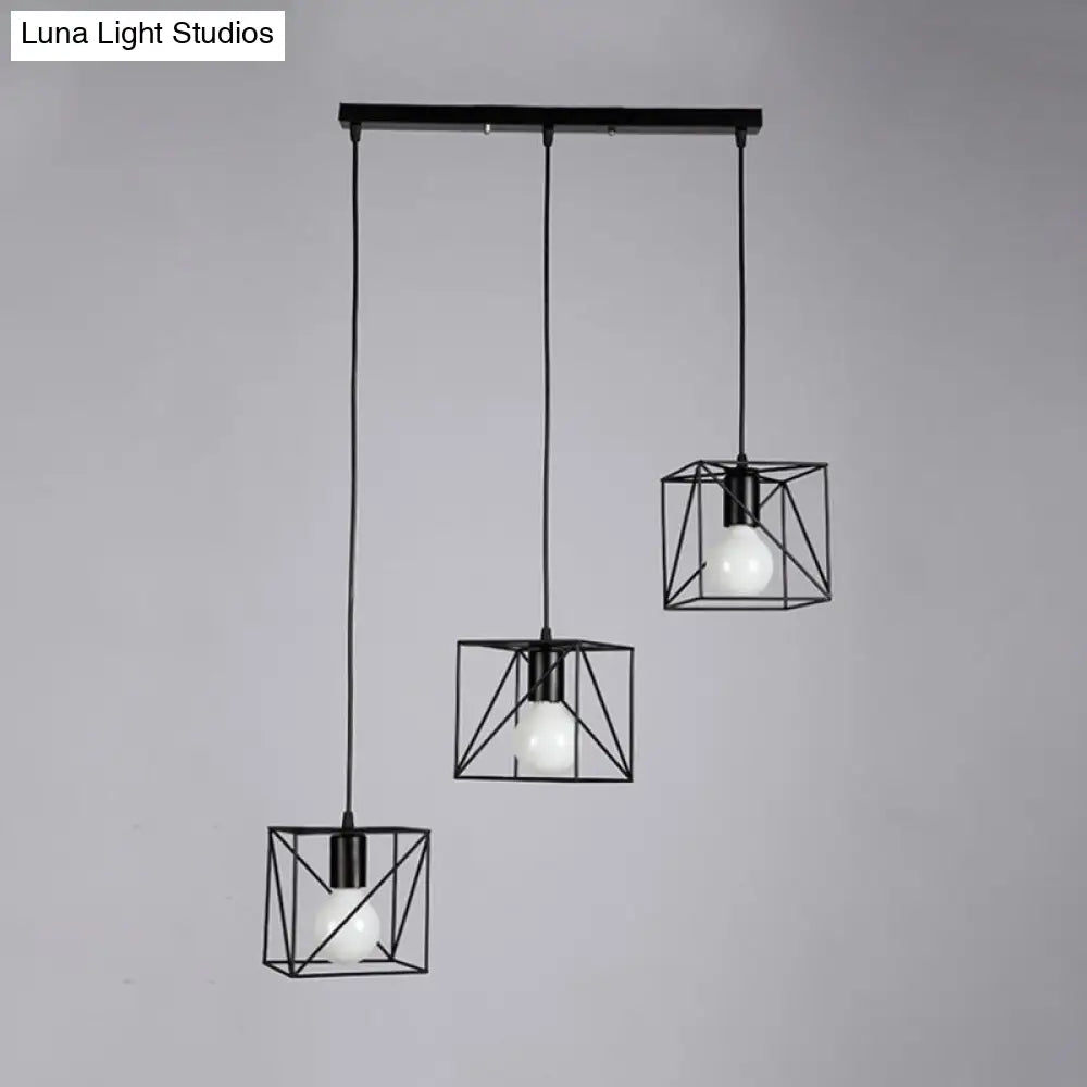 Industrial Metal Ceiling Fixture - Square Frame With 3 Black Bedside Lights