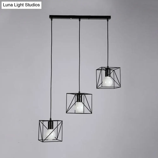 Industrial Metal Ceiling Fixture - Square Frame With 3 Black Bedside Lights