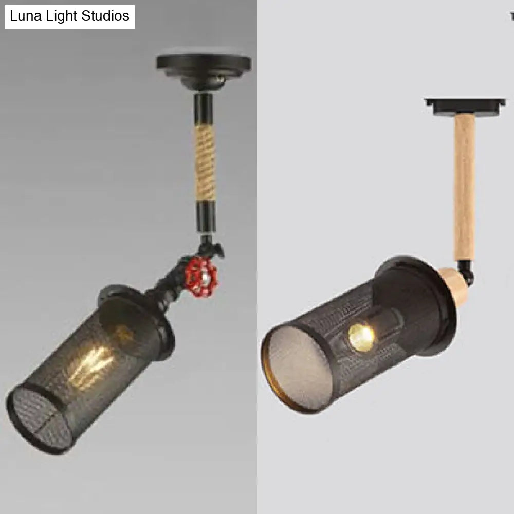 Sleek Black Metal Rotatable Ceiling Light With Cylinder Shade - Industrial Mesh Screen Design