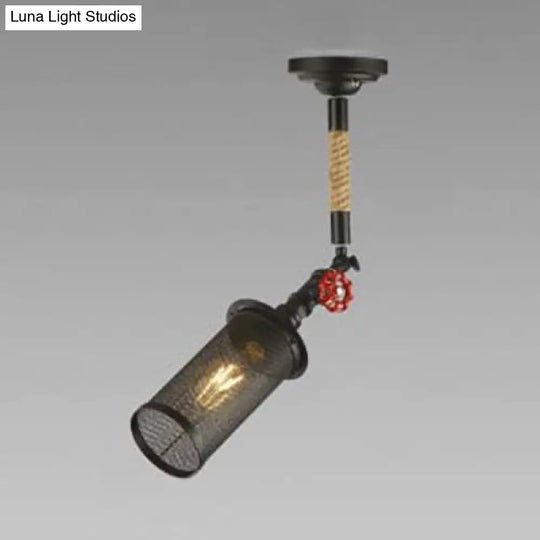 Sleek Black Metal Rotatable Ceiling Light With Cylinder Shade - Industrial Mesh Screen Design