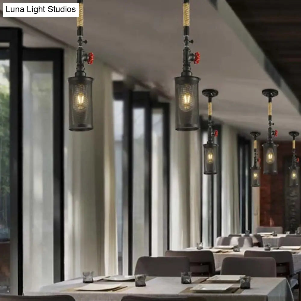 Sleek Black Metal Rotatable Ceiling Light With Cylinder Shade - Industrial Mesh Screen Design / A