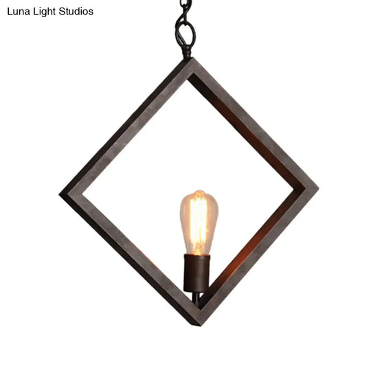 Industrial Metal Square Frame Ceiling Pendant Lamp - Black Suspension Light With Bare Bulb Design