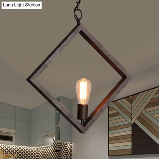 Industrial Metal Square Frame Ceiling Pendant Lamp - Black Suspension Light With Bare Bulb Design