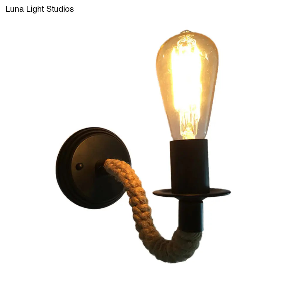 Sleek Black Wall Sconce With Curved Arm Industrial Rope & Metal Accent Exposed Bulb Corridor