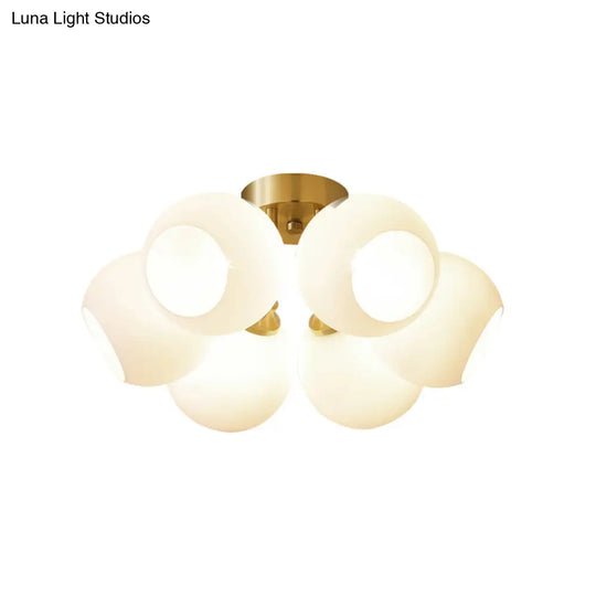 Sleek Brass Domed Semi Flush Mount Ceiling Lamp With Cream Glass - Stylish Bedroom Lighting