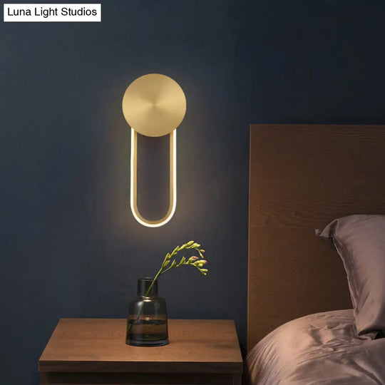 Sleek Brass Led Wall Sconce Light For Bedside Simple Elliptical Metal Lamp Fixture