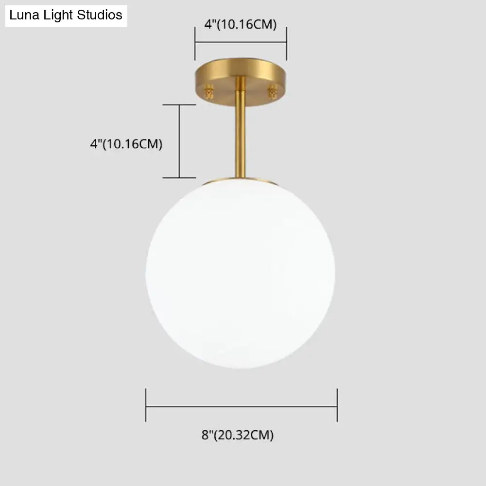 Sleek Brass Semi Flush Ceiling Light With White Glass - 1 Head Simple Style Fixture For Spherical