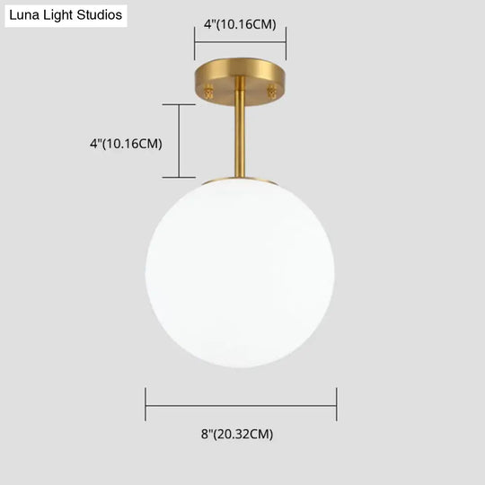 Sleek Brass Semi Flush Ceiling Light With White Glass - 1 Head Simple Style Fixture For Spherical