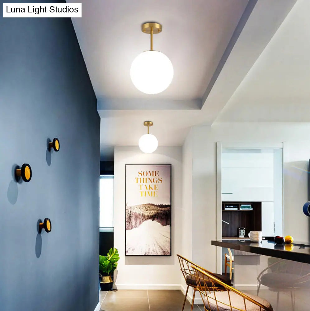 Sleek Brass Semi Flush Ceiling Light With White Glass - 1 Head Simple Style Fixture For Spherical