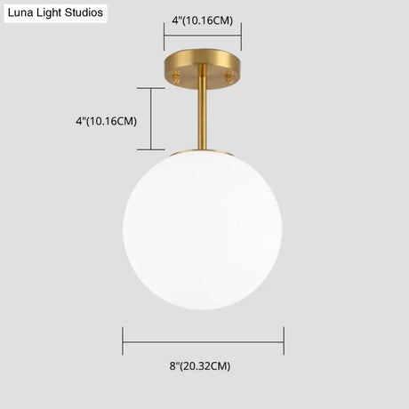 Sleek Brass Semi Flush Ceiling Light With White Glass - 1 Head Simple Style Fixture For Spherical