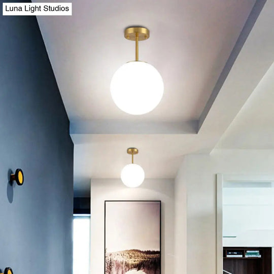 Sleek Brass Semi Flush Ceiling Light With White Glass - 1 Head Simple Style Fixture For Spherical