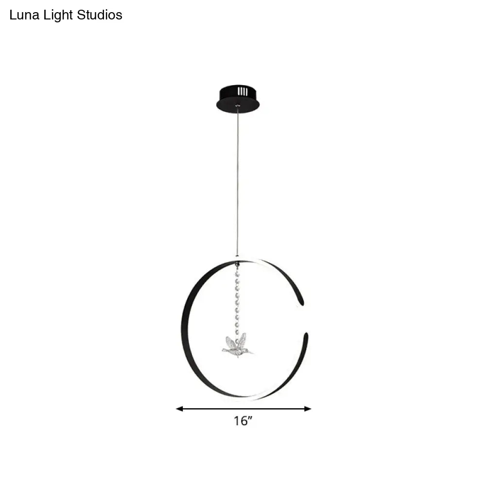 Sleek Metal C-Shape Suspension Led Hanging Lamp Kit With Crystal Bird Accent In Warm/White Light -