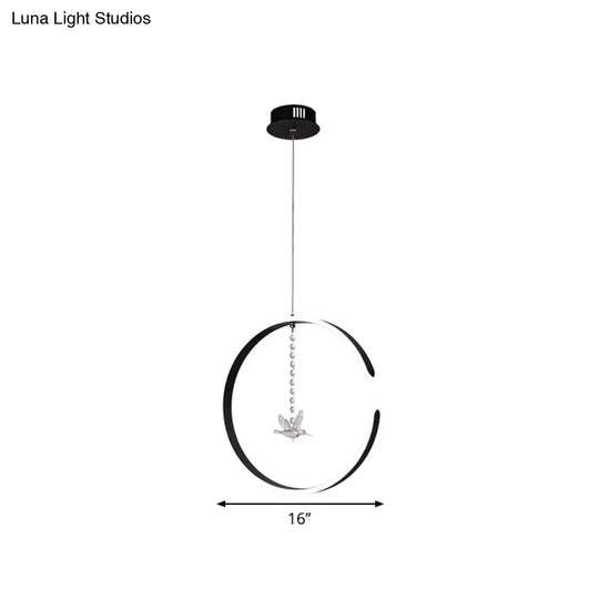 Sleek Metal C-Shape Suspension Led Hanging Lamp Kit With Crystal Bird Accent In Warm/White Light -