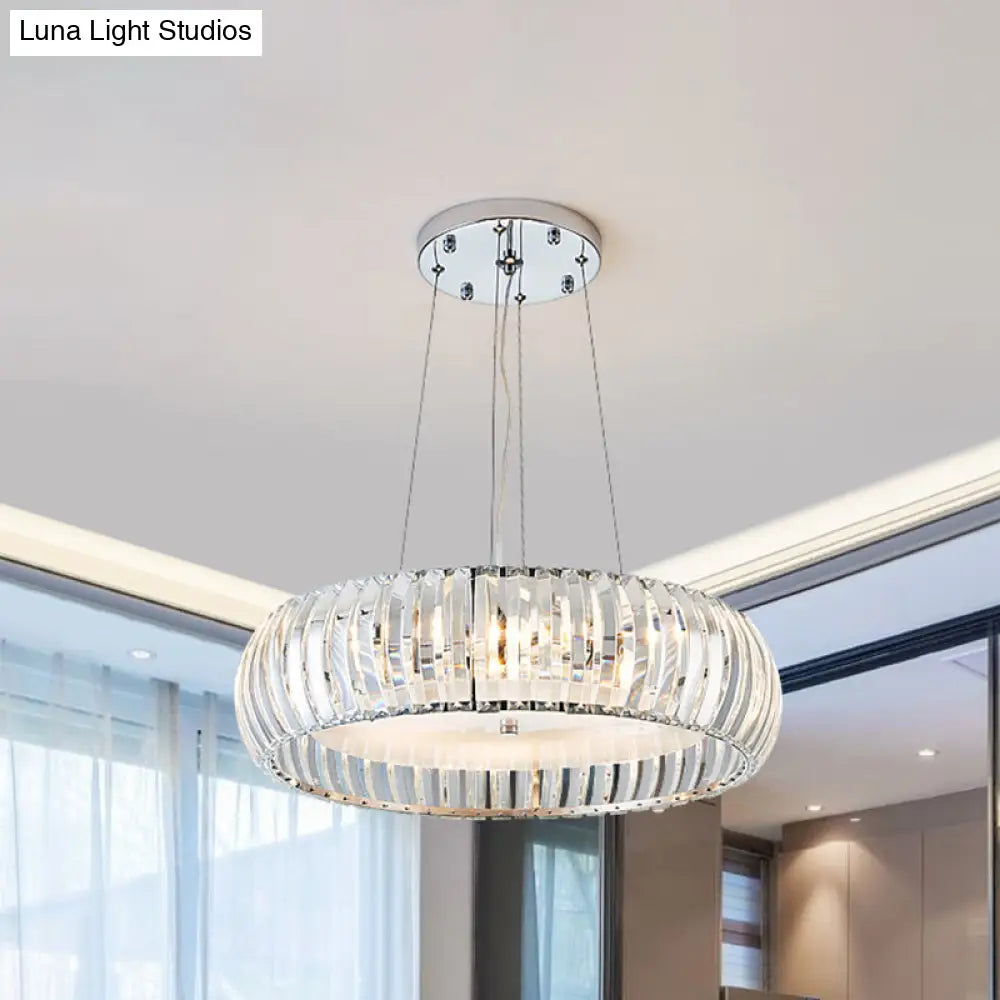 Chrome Doughnut Hanging Chandelier With Crystal Prisms Shade - Simplicity Led Down Lighting