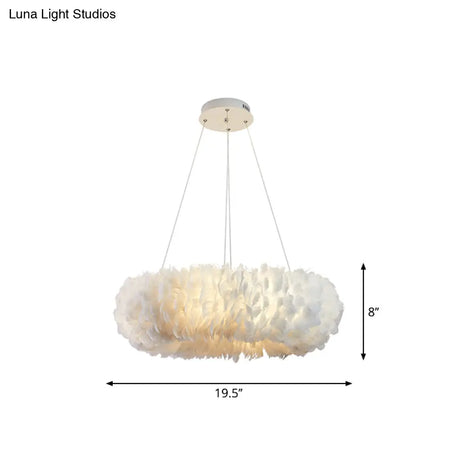 Sleek Circular Feather Suspension Pendant Light 19.5/27.5/31.5 Wide 8 Bulbs White Hanging Lamp
