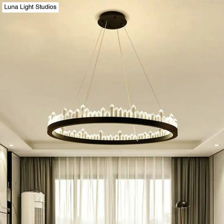 Sleek Clear Crystal Ring Chandelier Light: 3-Bulb Simplicity With Black Pendant Fixture
