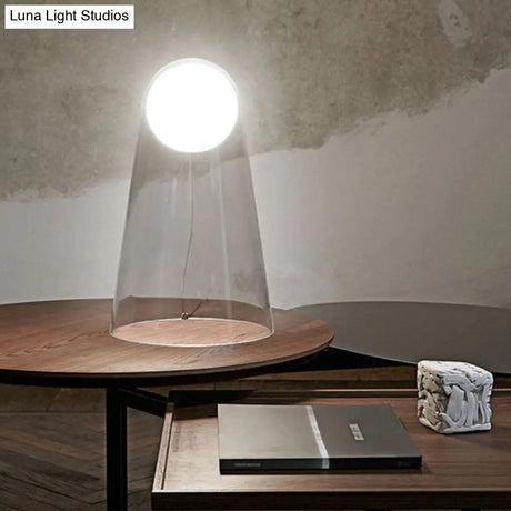 Sleek Clear Glass Led Bedside Night Lamp With Modo Shade Inside - Minimalist Conical Table Light