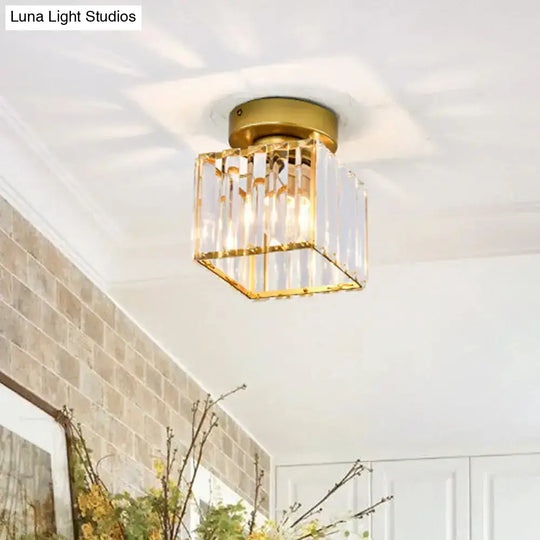 Sleek Crystal Ceiling Lamp: Square/Cylinder Corridor Semi Flush Mount In Black/Gold For Simplicity