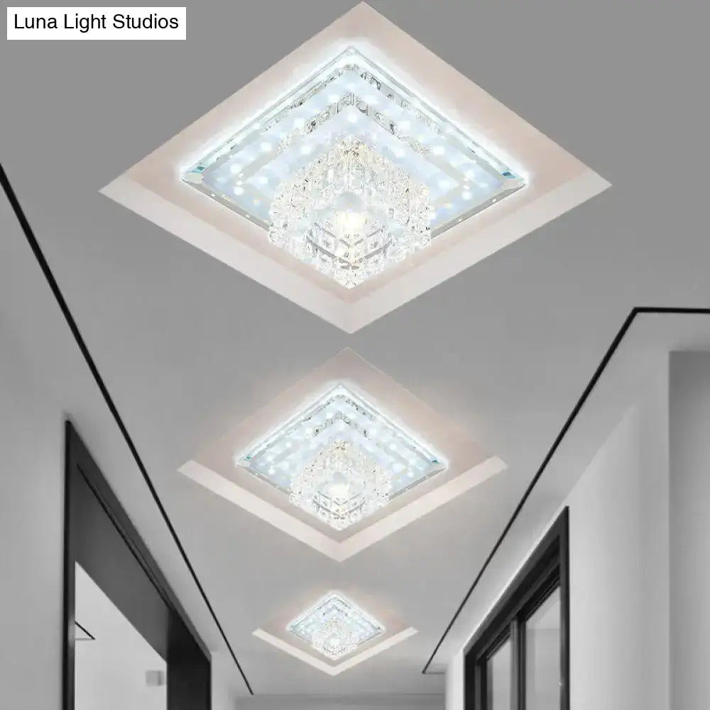 Sleek Crystal Led Foyer Ceiling Light - Geometric Design Chrome Flush Mount / White Square Plate