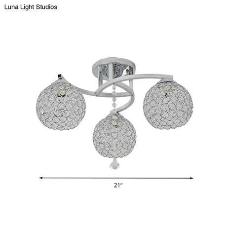 Sleek Crystal Semi-Flush Mount Light Fixture For Living Room - 3/5 Lights Globe Simple Chrome Design