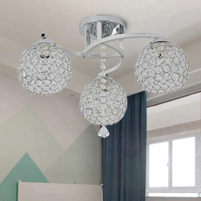 Sleek Crystal Semi-Flush Mount Light Fixture For Living Room - 3/5 Lights Globe Simple Chrome