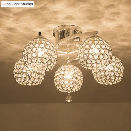 Sleek Crystal Semi-Flush Mount Light Fixture For Living Room - 3/5 Lights Globe Simple Chrome Design