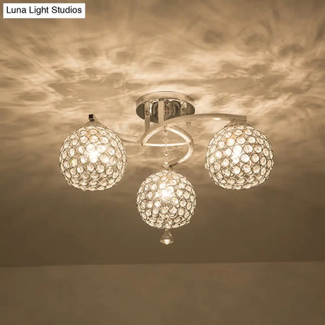 Sleek Crystal Semi-Flush Mount Light Fixture For Living Room - 3/5 Lights Globe Simple Chrome Design