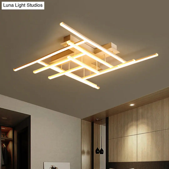 Sleek Gold Finish Led Semi Flush Mounted Ceiling Light With Criss-Cross Metal Detail