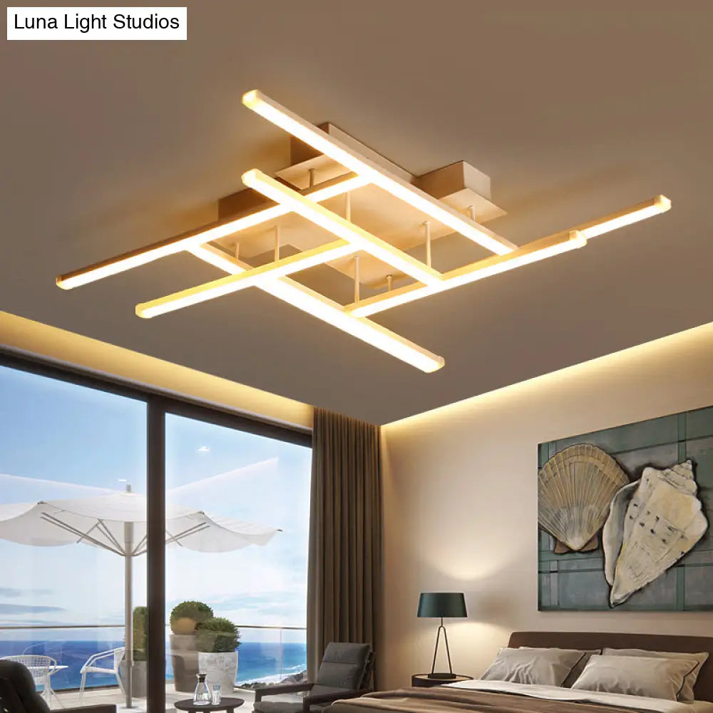 Sleek Gold Finish Led Semi Flush Mounted Ceiling Light With Criss-Cross Metal Detail