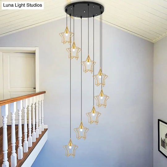 Sleek Gold Spiral Star Multi Ceiling Lamp - 8-Bulb Metallic Suspension Fixture For Entryway
