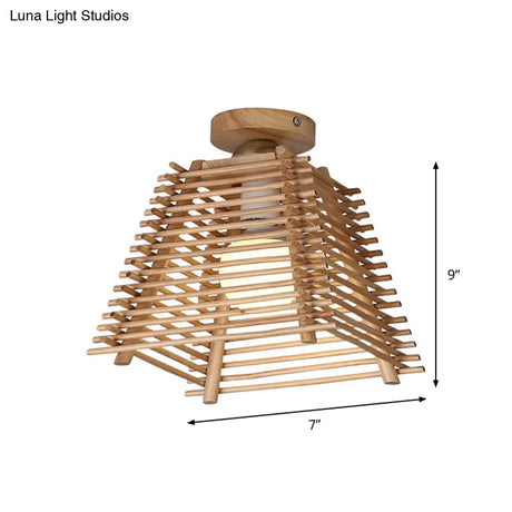 Sleek Japanese Bamboo Ceiling Lamp With Trapezoid Semi Mount And 1 - Bulb Flush Design For Hallway