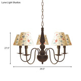 Sleek Kids Chandelier With Conic Printed Fabric Shade - Black Iron 3/5 Lights