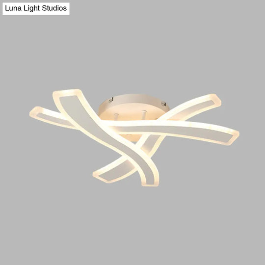 Sleek Led Semi Flush Mount Fixture With Stylish White Crossing Wave Design And Acrylic Shade