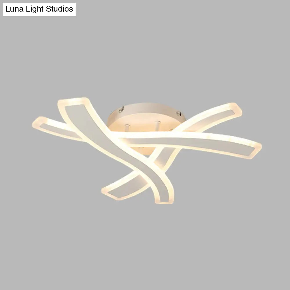 Sleek Led Semi Flush Mount Fixture With Stylish White Crossing Wave Design And Acrylic Shade