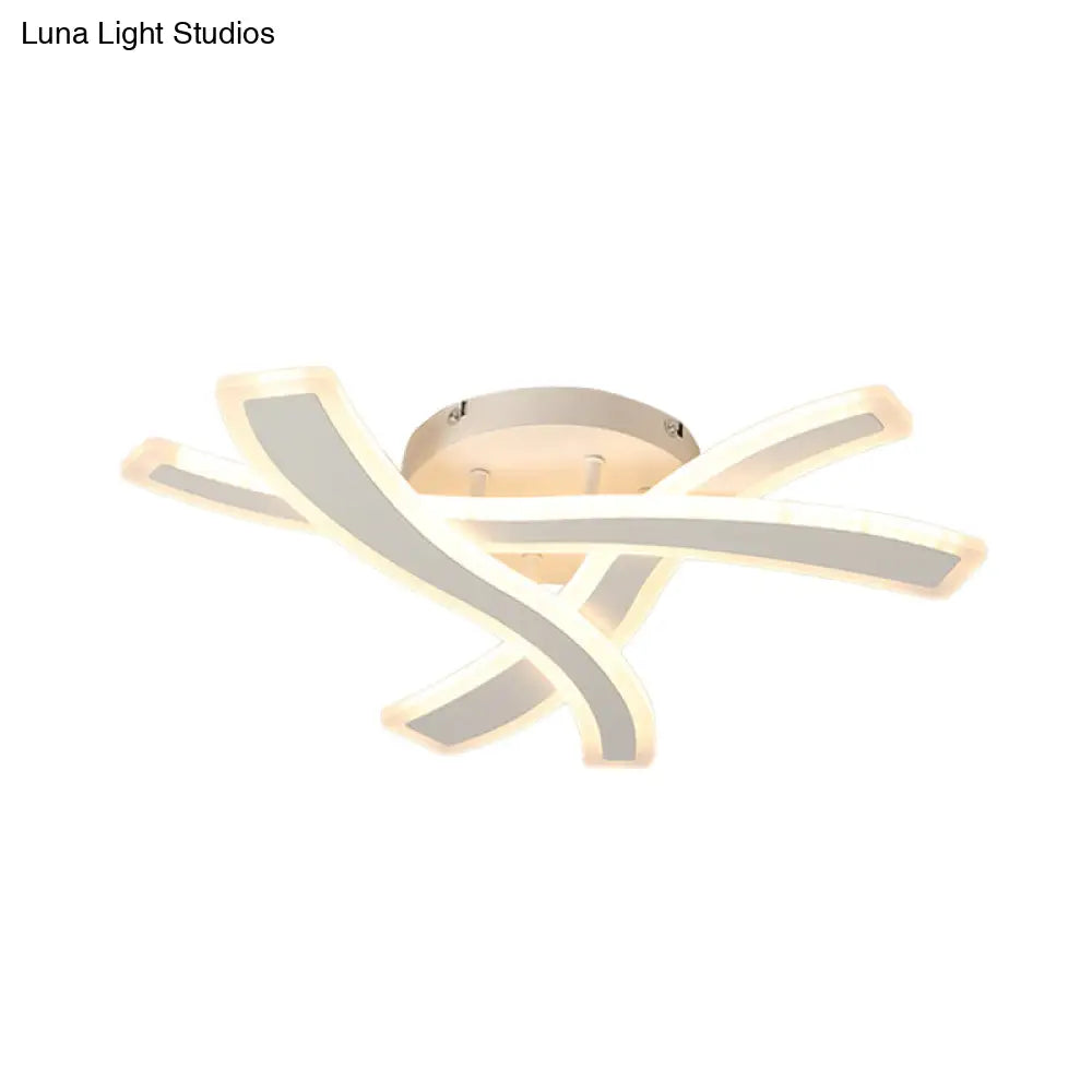 Sleek Led Semi Flush Mount Fixture With Stylish White Crossing Wave Design And Acrylic Shade