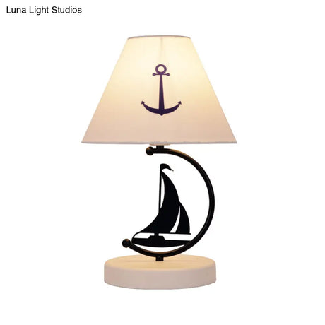 Sleek Mediterranean Metal Bedside Lamp In Black With White Fabric Shade