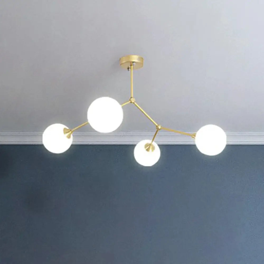 Sleek Metal Branch Chandelier - Simplicity With Semi Flush Mount Ball Milk Glass Shade 4 / Gold