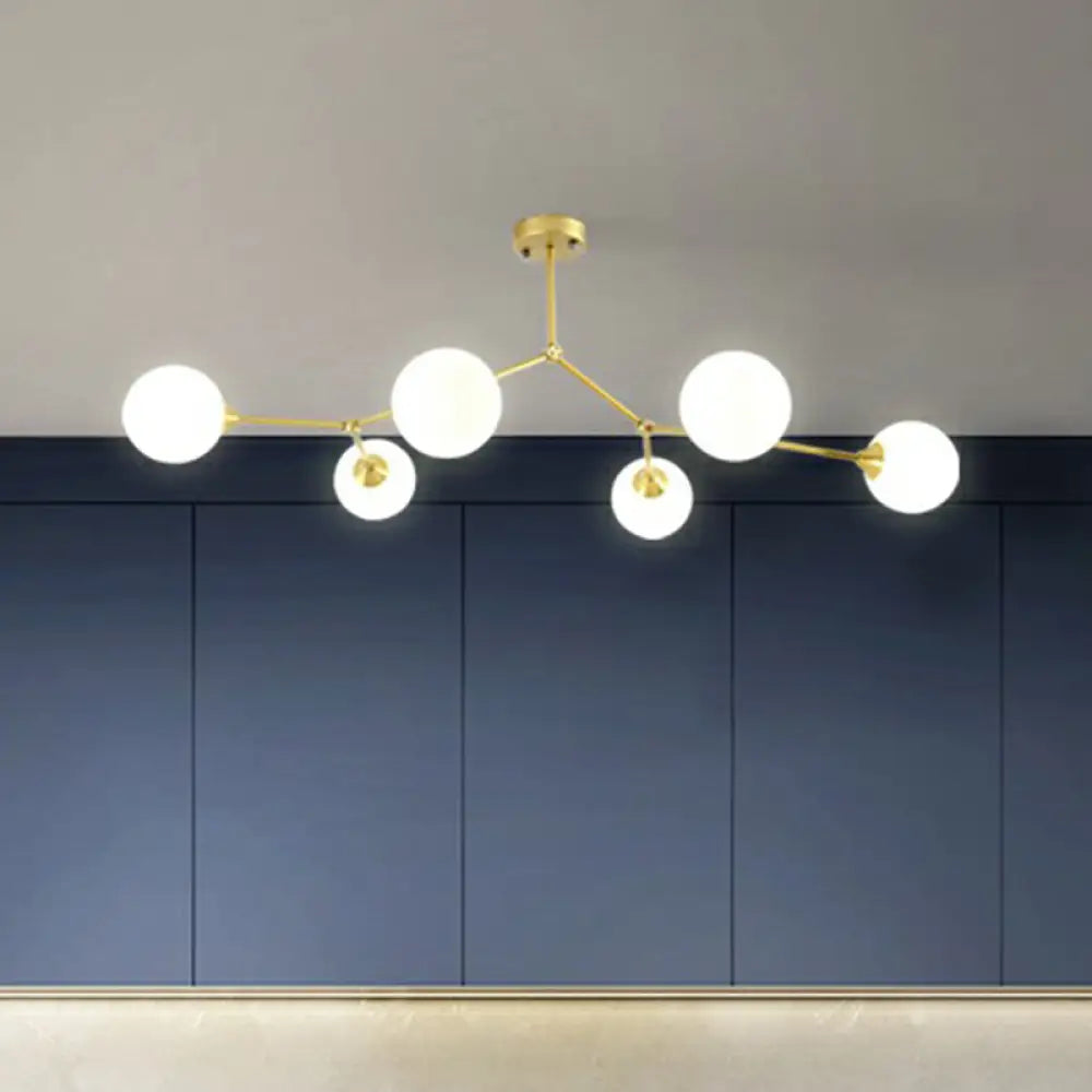 Sleek Metal Branch Chandelier - Simplicity With Semi Flush Mount Ball Milk Glass Shade 5 / Gold
