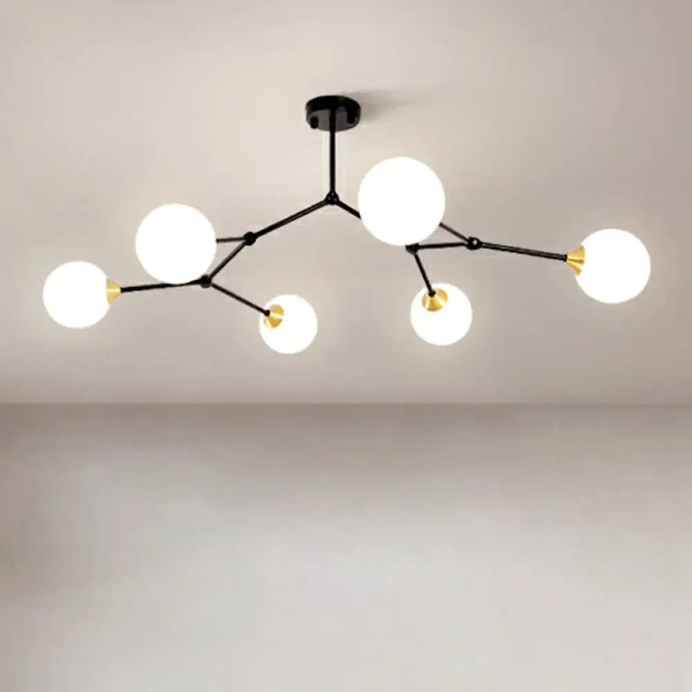 Sleek Metal Branch Chandelier - Simplicity With Semi Flush Mount Ball Milk Glass Shade 6 / Black