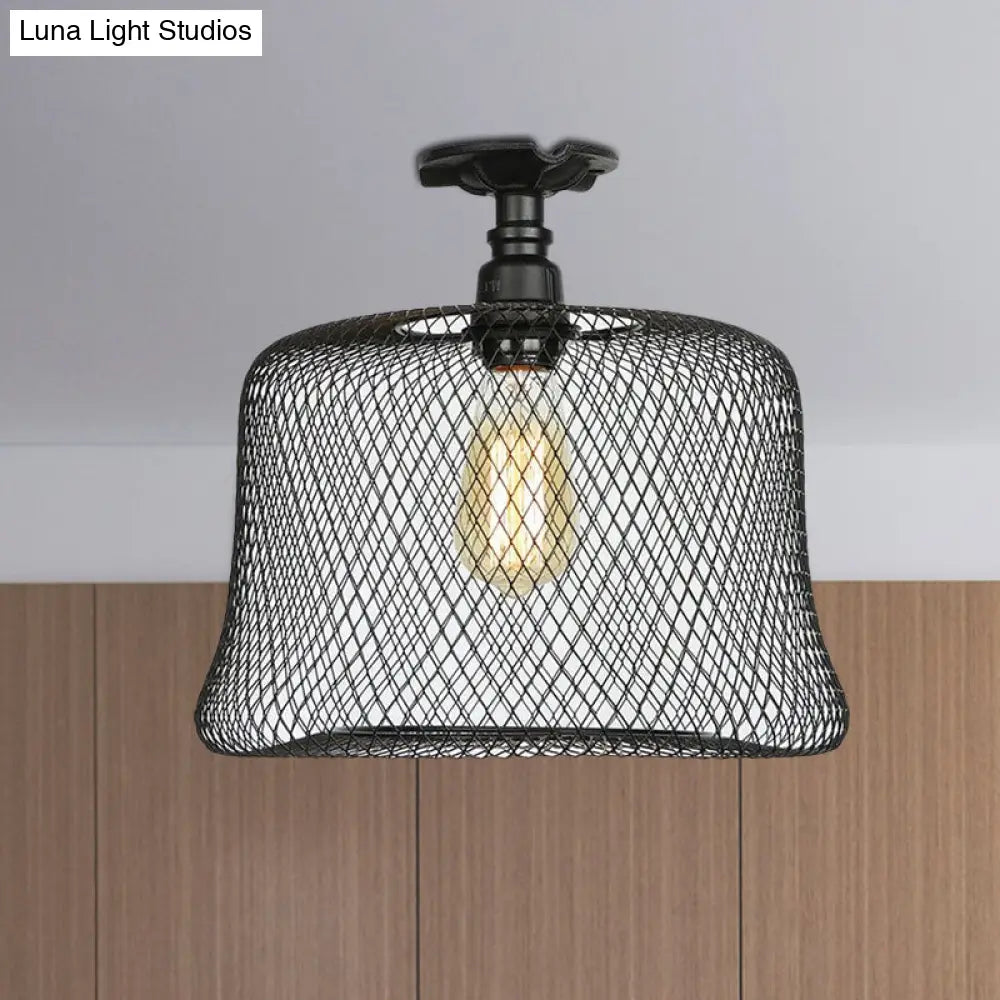 Sleek Metal Ceiling Mounted Light - Stylish Industrial Semi Flush With Mesh Screen