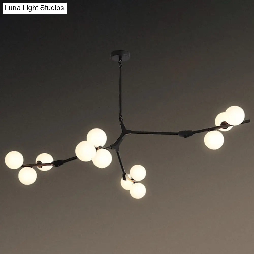 Sleek Metal Chandelier | Minimalistic Tree Branch Suspension Light With White Glass Ball Shade For